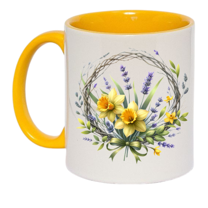 чаша свежи цветя, чаша за жена, чаша за осми март, чаша за 8 март, чаша за имен ден, чаша с цветя, чаша с надпис, чаша с име, чаша с цветна дръжка, чаша с жълта дръжка, чаша с жълта вътрешна част и дръжка, чаша с нарцис